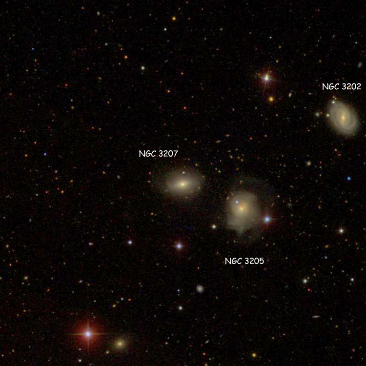 SDSS image of region near spiral galaxy NGC 3207, also showing NGC 3202 and NGC 3205