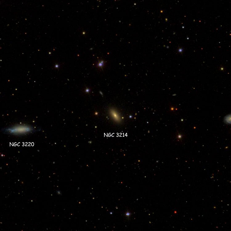 SDSS image of region near lenticular galaxy NGC 3214, also showing NGC 3220