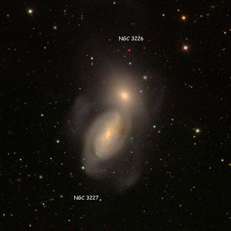 SDSS image of region near spiral galaxy NGC 3227 and elliptical galaxy NGC 3226, which comprise Arp 94