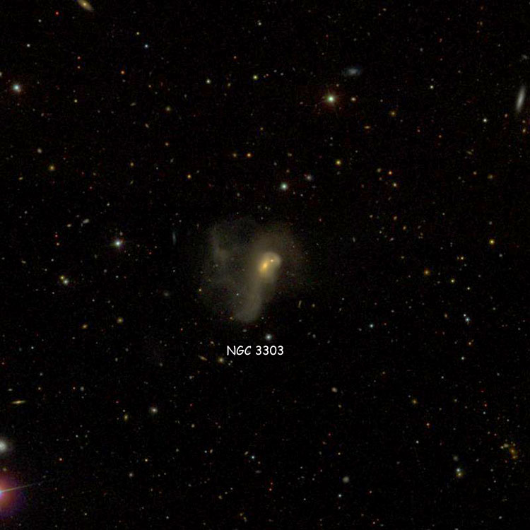 SDSS image of region near peculiar spiral galaxy NGC 3303 and its interacting/merging companion, PGC 93104
