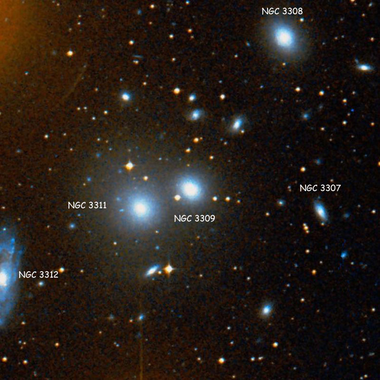 DSS image of region near elliptical galaxy NGC 3309, also showing NGC 3307, NGC 3308, NGC 3311 and NGC 3312