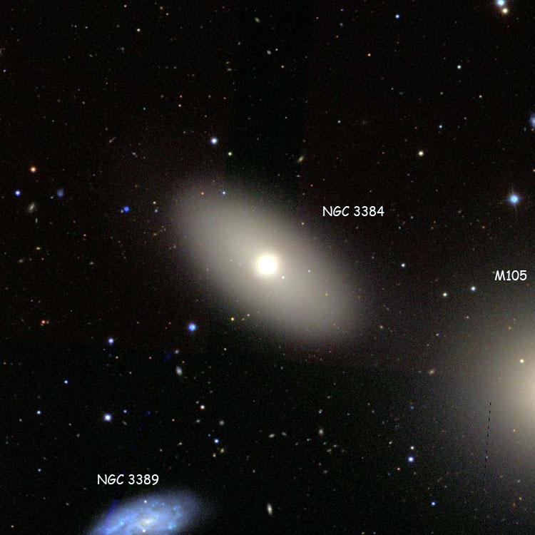 SDSS image of region near lenticular galaxy NGC 3384, also showing NGC 3379 (= M 105) and NGC 3389
