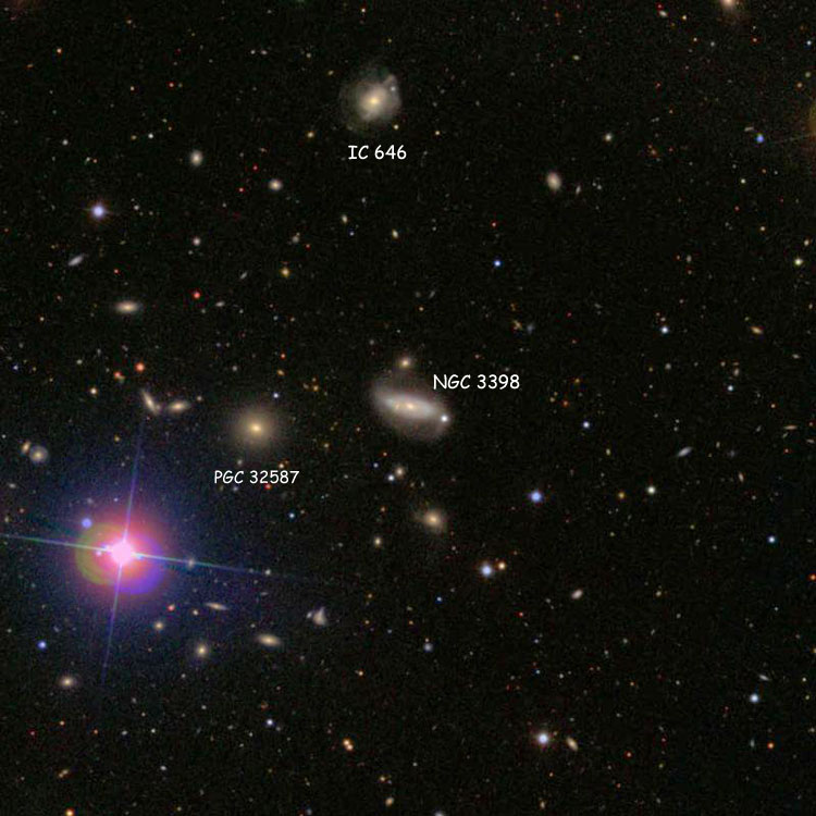 SDSS image of region near spiral galaxy NGC 3398, also showing spiral galaxy IC 646 and lenticular galaxy PGC 32587, which is sometimes misidentified as IC 644