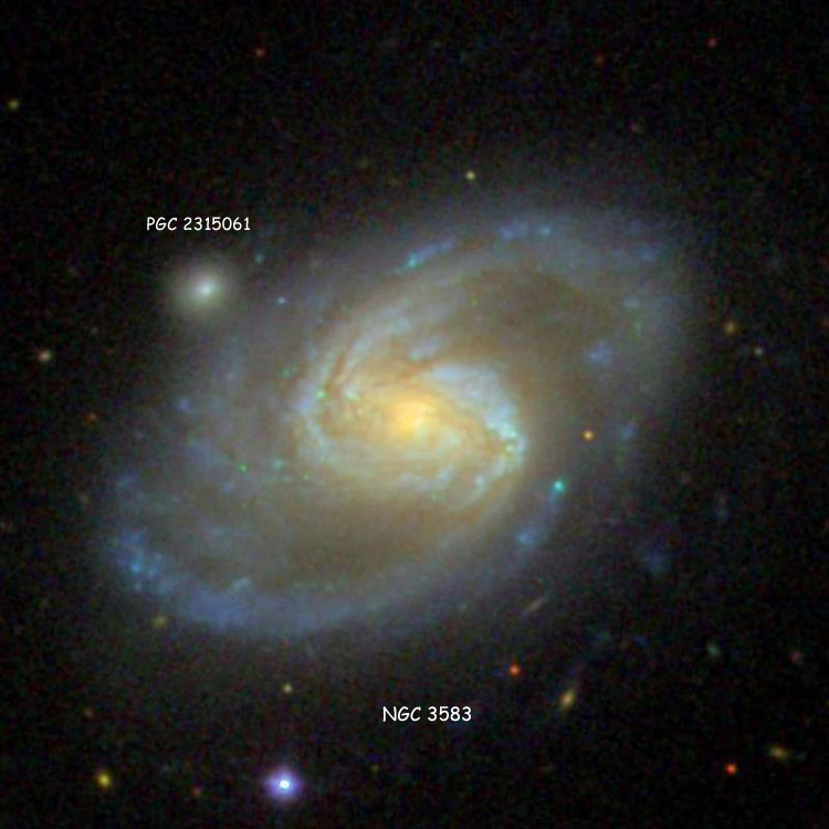 SDSS image of spiral galaxy NGC 3583, also showing possible companion PGC 2315061