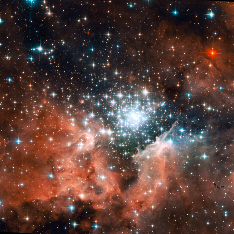 HST image of region near open cluster NGC 3603, also showing part of the surrounding nebulosity