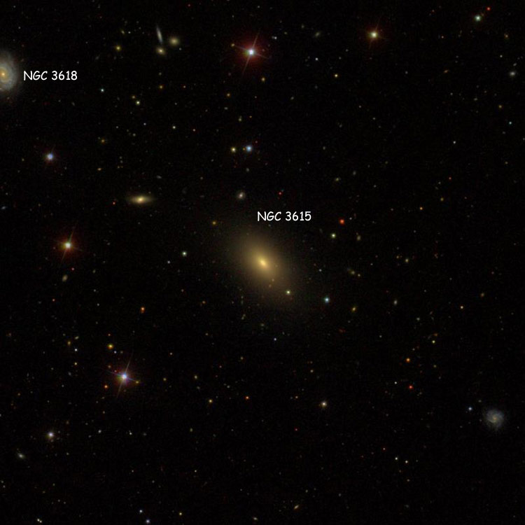 SDSS image of region near elliptical galaxy NGC 3615, also showing NGC 3618