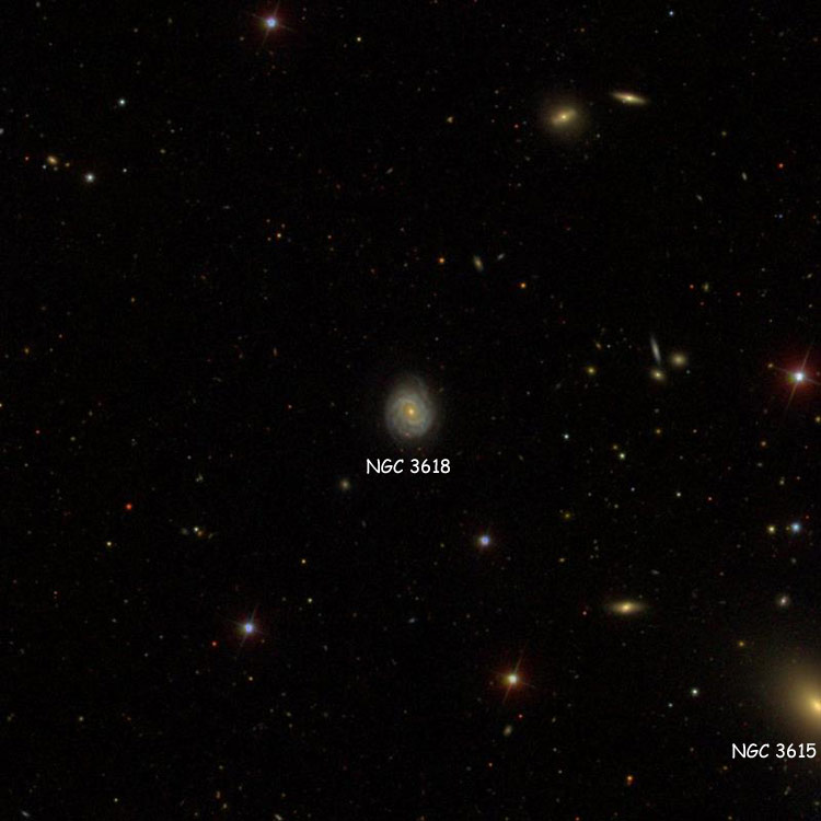 SDSS image of region near spiral galaxy NGC 3618, also showing NGC 3615