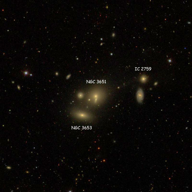 SDSS image of region near elliptical galaxy NGC 3651, also showing NGC 3653 and IC 2759