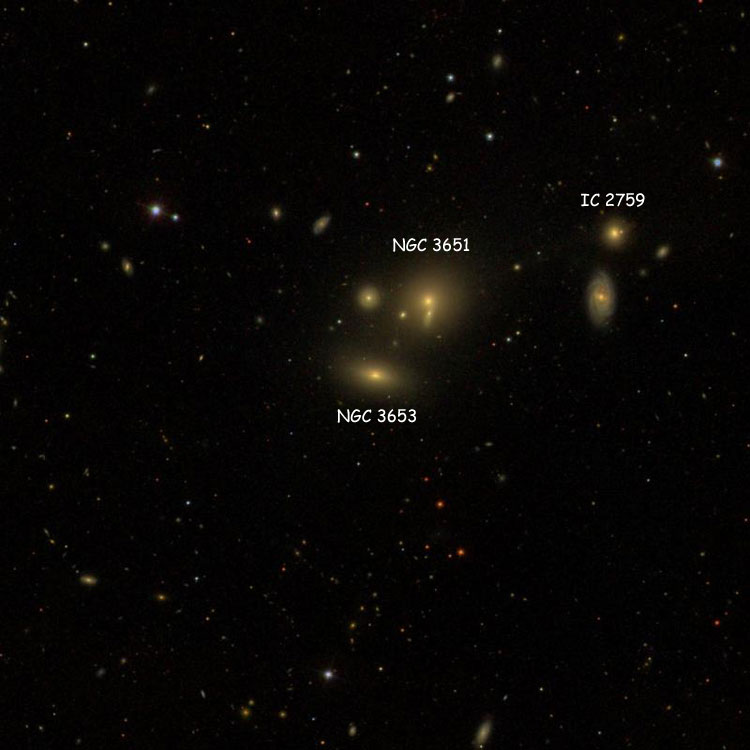 SDSS image of region near lenticular galaxy NGC 3653, also showing NGC 3651 and IC 2759