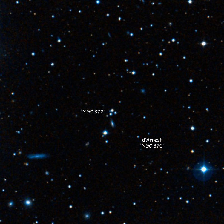 DSS image of region near the three stars listed as NGC 372, also showing d'Arrest's position for the lost or nonexistent NGC 370