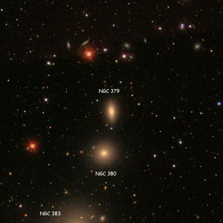 SDSS image of region near lenticular galaxy NGC 379, also showing NGC 380 and NGC 383