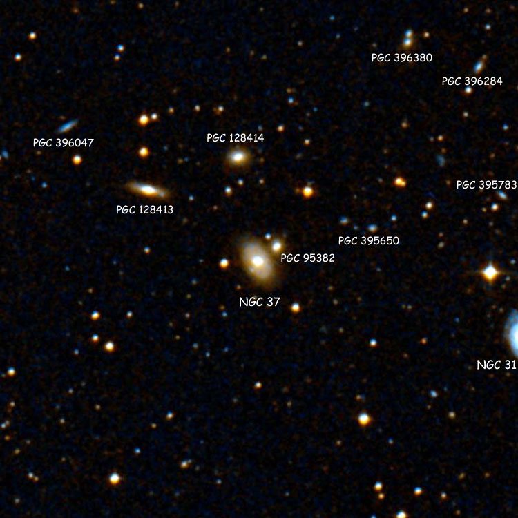 DSS image of region near lenticular galaxy NGC 37, also showing NGC 31 and a number of PGC objects