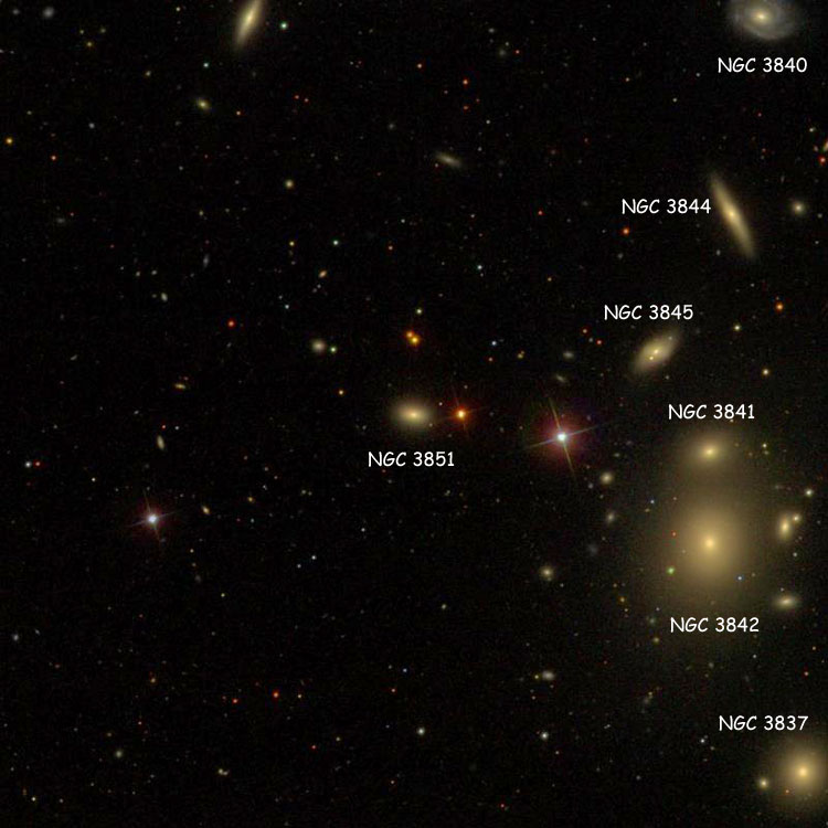 SDSS image of region near lenticular galaxy NGC 3851, also showing NGC 3837, NGC 3840, NGC 3841, NGC 3842, NGC 3844 and NGC 3845