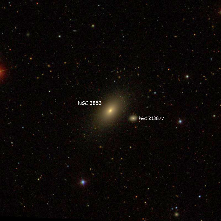 SDSS image of region near elliptical galaxy NGC 3853, also showing its apparent companion, PGC 213877