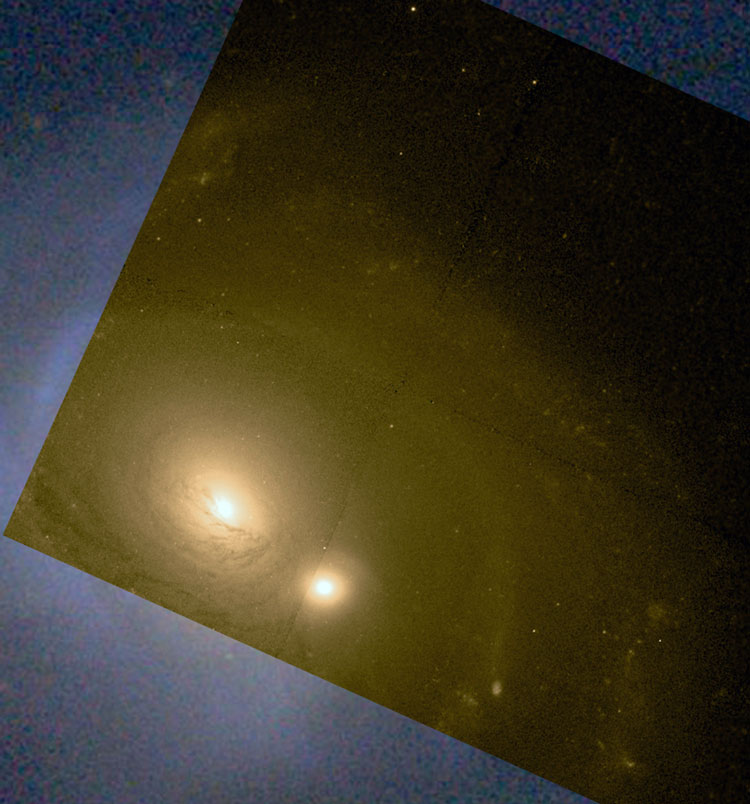 HST image of spiral galaxy NGC 3865, which is probably also NGC 3854, also showing its possible companion, overlaid on the PanSTARRS image above