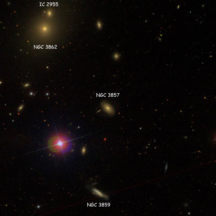 SDSS image of region near lenticular galaxy NGC 3857, also showing NGC 3859, NGC 3862 and IC 2955
