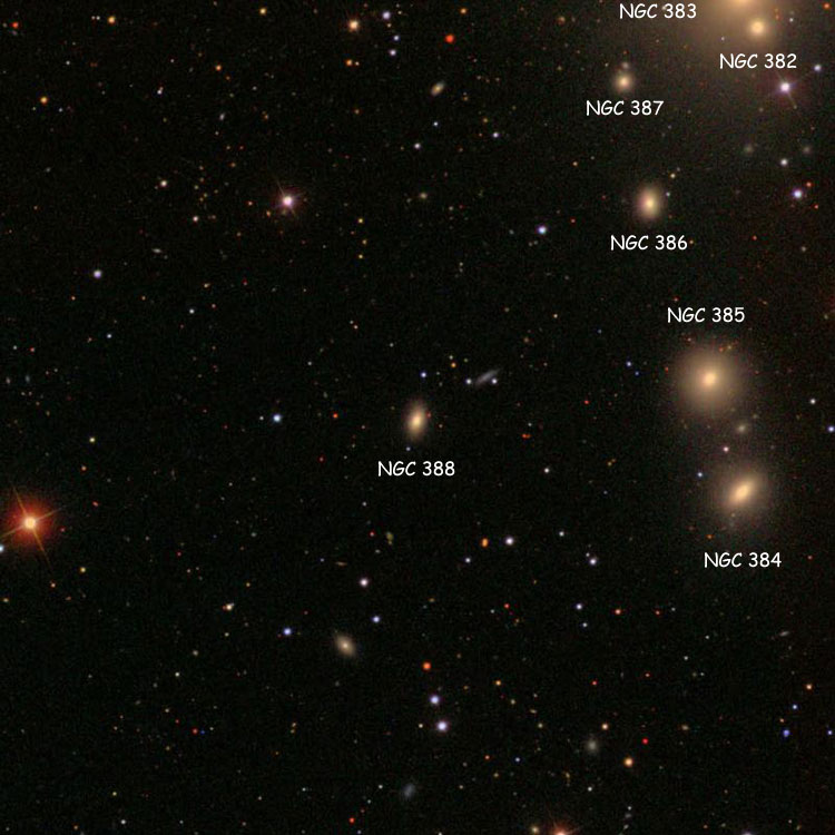 SDSS image of region near elliptical galaxy NGC 388, also showing NGC 382, NGC 383, NGC 384, NGC 385, NGC 386 and NGC 387