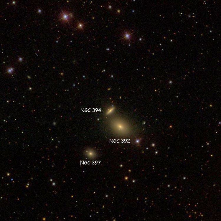 SDSS image of region near lenticular galaxy NGC 394, also showing NGC 392 and NGC 397