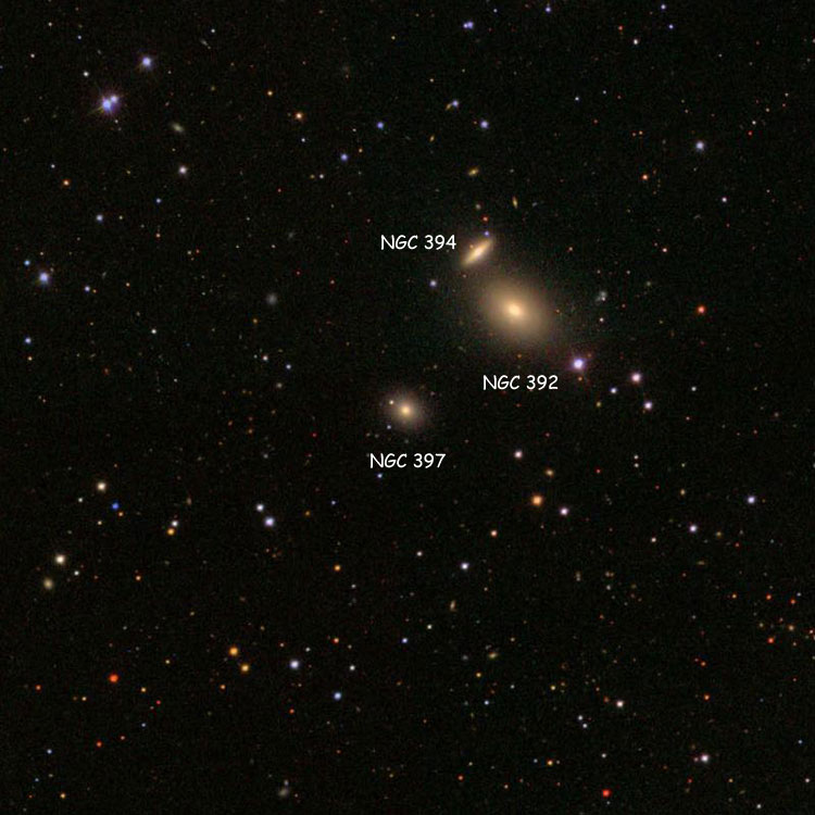 SDSS image of region near elliptical galaxy NGC 397, also showing NGC 392 and NGC 394