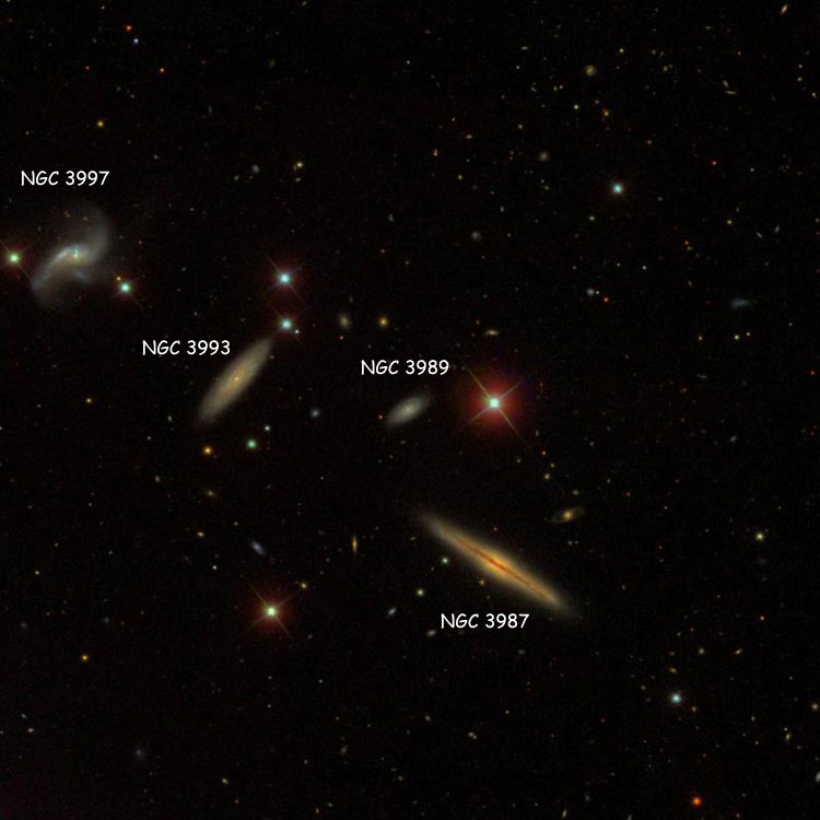 SDSS image of region near spiral galaxy NGC 3989, also showing NGC 3987, NGC 3993 and NGC 3997