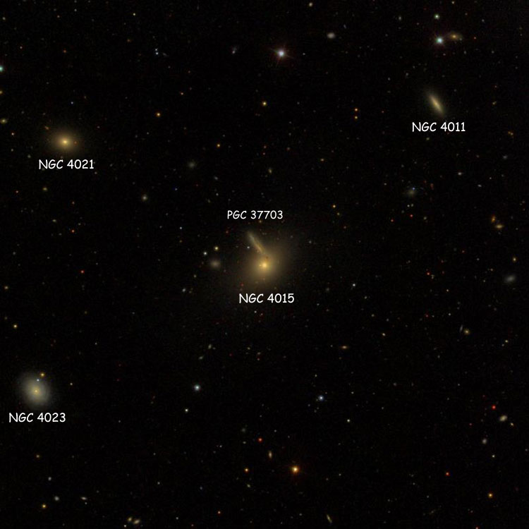 SDSS image of region near lenticular galaxy NGC 4015 and its apparent companion, PGC 37703, which are collectively known as Arp 138