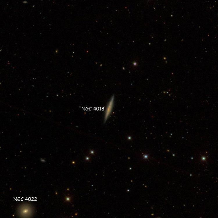 SDSS image of region near spiral galaxy NGC 4018, also showing NGC 4022