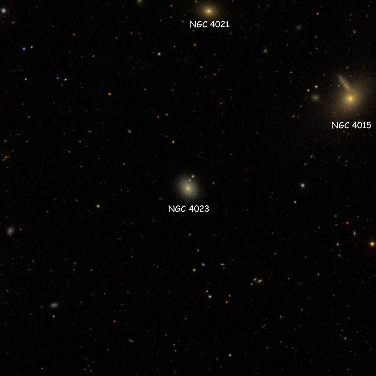 SDSS image of region near spiral galaxy NGC 4023, also showing NGC 4015 and NGC 4021
