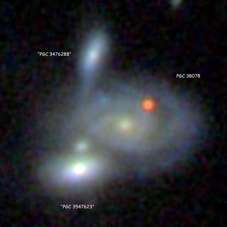 SDSS image of the triplet of galaxies (spiral galaxy PGC 38078, spiral galaxy 'PGC 3476288' and lenticular galaxy 'PGC 3547623') that comprise NGC 4054