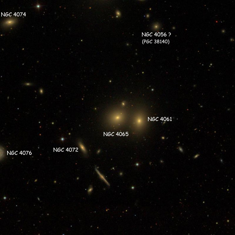 SDSS image of region near elliptical galaxy NGC 4065, also showing NGC 4056(?), NGC 4061, NGC 4072, NGC 4074 and part of NGC 4076