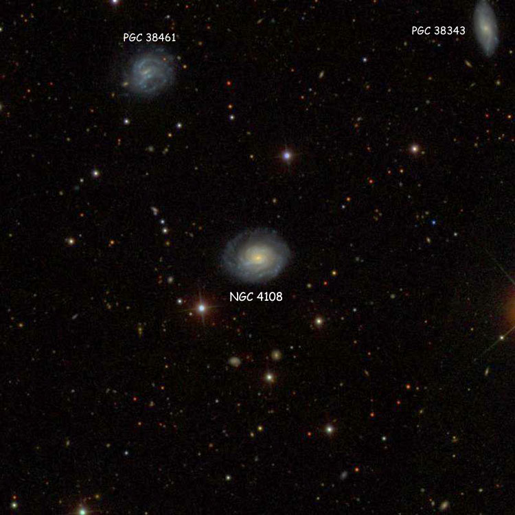 SDSS image of region near spiral galaxy NGC 4108, also showing PGC 38343 (which is sometimes called NGC 4108A) and PGC 38461 (which is sometimes called NGC 4108B)