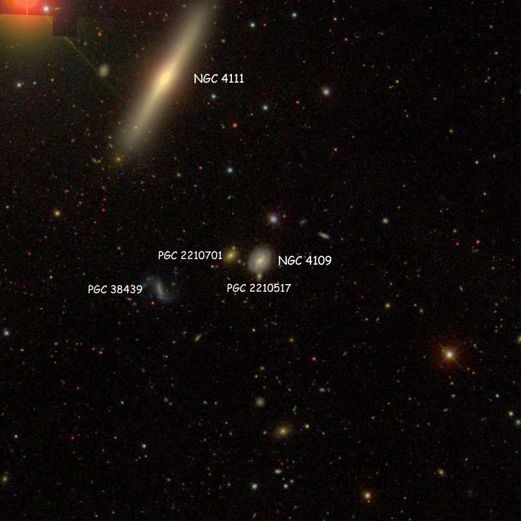 SDSS image of region near spiral galaxy NGC 4109, also showing NGC 4111 and PGC 38439