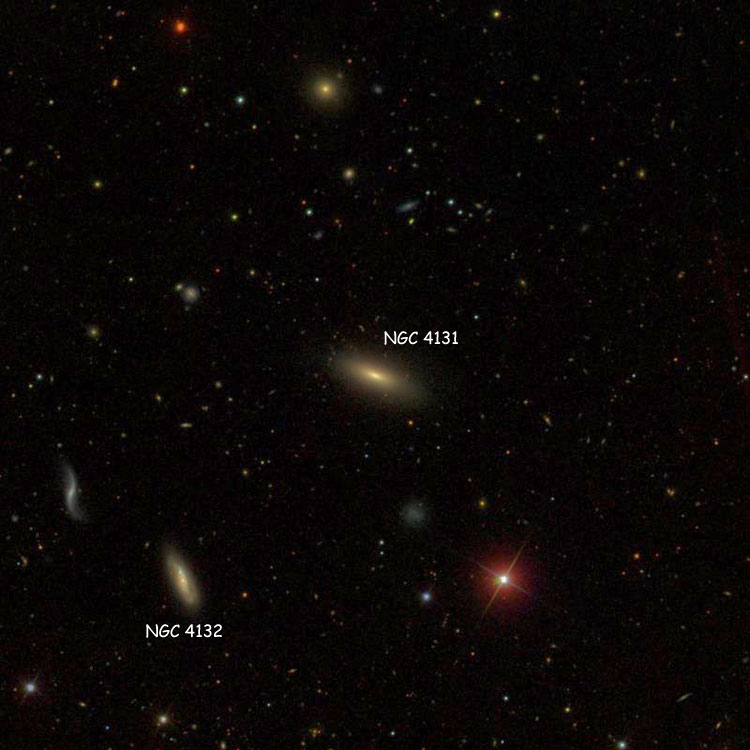 SDSS image of region near lenticular galaxy NGC 4131, also showing NGC 4132