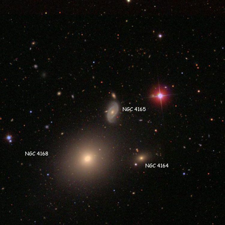 SDSS image of region near spiral galaxy NGC 4165, also showing elliptical galaxies NGC 4164 and 4168