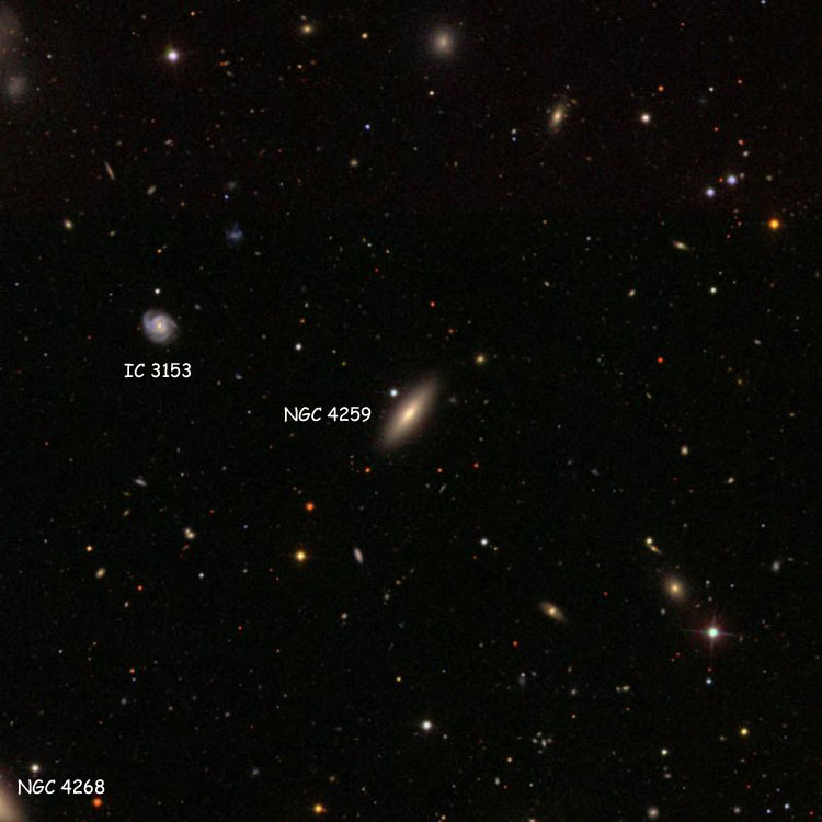 SDSS image of region near lenticular galaxy NGC 4259, also showing spiral galaxy IC 3153 and part of lenticular galaxy NGC 4268