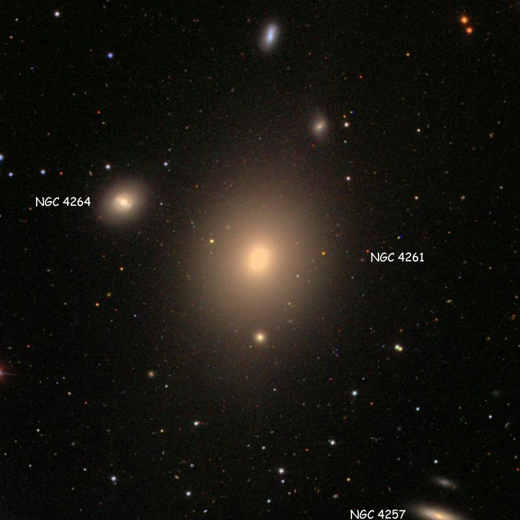 SDSS image of region near elliptical galaxy NGC 4261, also showing lenticular galaxy 4264 and part of spiral galaxy NGC 4257