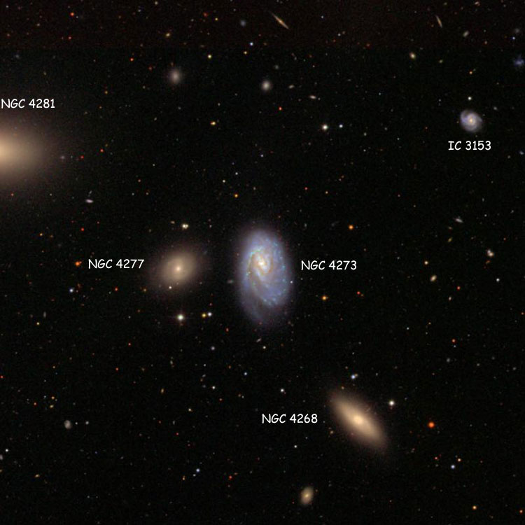 SDSS image of region near spiral galaxy NGC 4273, also showing spiral galaxy IC 3153, lenticular galaxies NGC 4268 and 4277, and part of lenticular galaxy NGC 4281