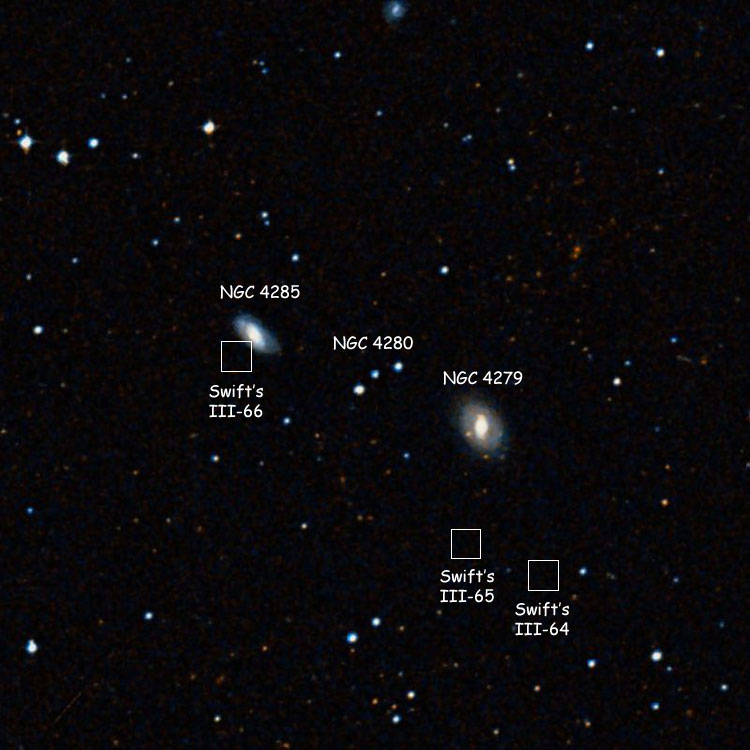 DSS image of the three stars that are probably NGC 4280, also showing the lenticular galaxy that is probably NGC 4279 and the spiral galaxy that is certainly NGC 4285; also shown are Swift's positions for the three objects