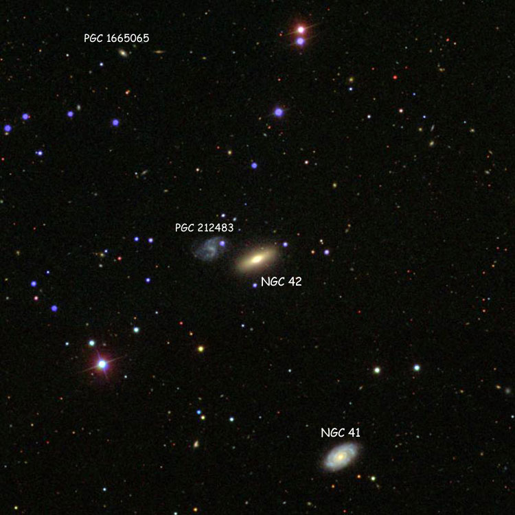 SDSS image of region near lenticular galaxy NGC 42, also showing NGC 41 and some PGC objects