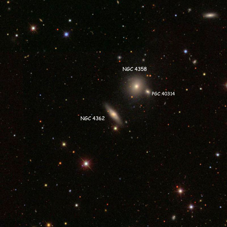 SDSS image of region near lenticular galaxy NGC 4362; also shown are lenticular galaxy NGC 4358 and lenticular galaxy PGC 40314, which is often misidentified as NGC 4358