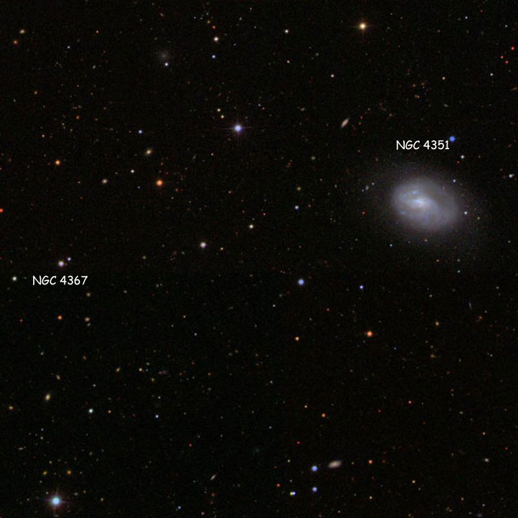 SDSS image of region between spiral galaxy NGC 4351 and the pair of stars listed as NGC 4367