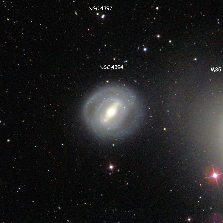 SDSS image of region near spiral galaxy NGC 4394, also showing lenticular galaxy NGC 4382 (also known as M85) and the triplet of stars listed as NGC 4397