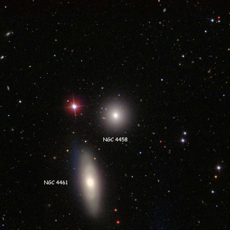 SDSS image of region near elliptical galaxy NGC 4458, also showing NGC 4461