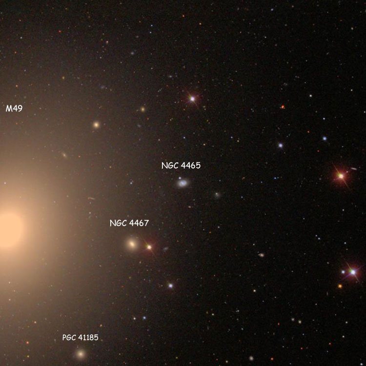 SDSS image of region near spiral galaxy NGC 4465, also showing NGC 4467 and 4472 (also known as M49), and PGC 41185 (which is often misidentified as NGC 4471)