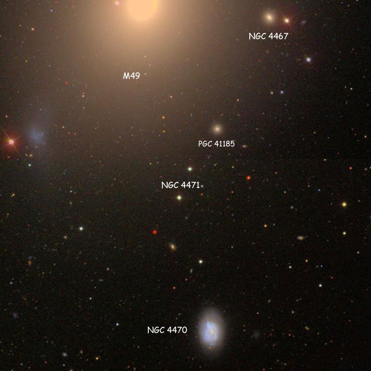 SDSS image of region near the stars (above and below the label), one of which is probably the actual NGC 4471, also showing spiral galaxy NGC 4470, elliptical galaxies NGC 4467 and M49, and elliptical galaxy PGC 41185 (which is often misidentified as NGC 4471)