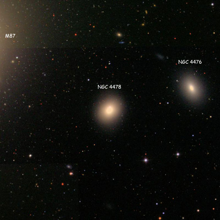 SDSS image of region near elliptical galaxy NGC 4478, also showing NGC 4476 and at far left, the western edge of M87