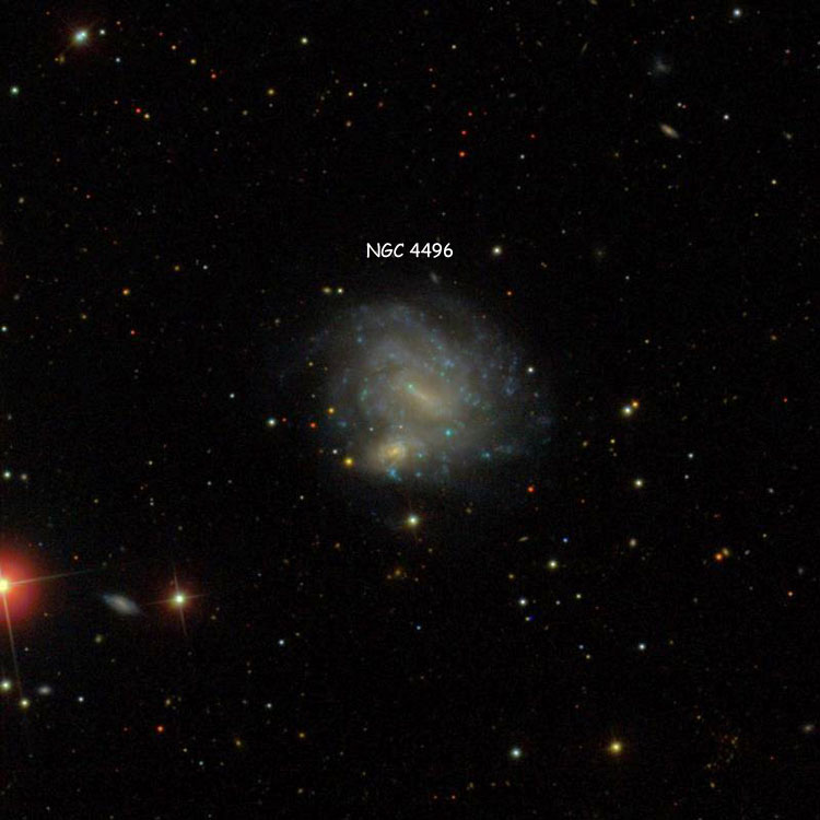 SDSS image of region near irregular galaxy PGC 41471 (often called NGC 4496A) and spiral galaxy PGC 41473 (often called NGC 4496B), which comprise the optical double NGC 4496