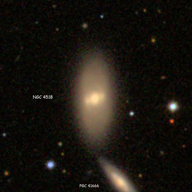 SDSS image of lenticular galaxy NGC 4518, also showing part of spiral galaxy PGC 41666, which is sometimes called NGC 4518B