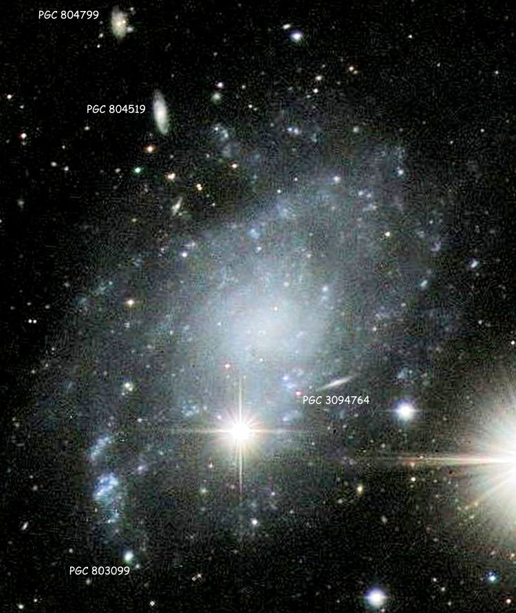 Labeled version of image of spiral galaxy NGC 45 uploaded to Wikisky by Jim Riffle