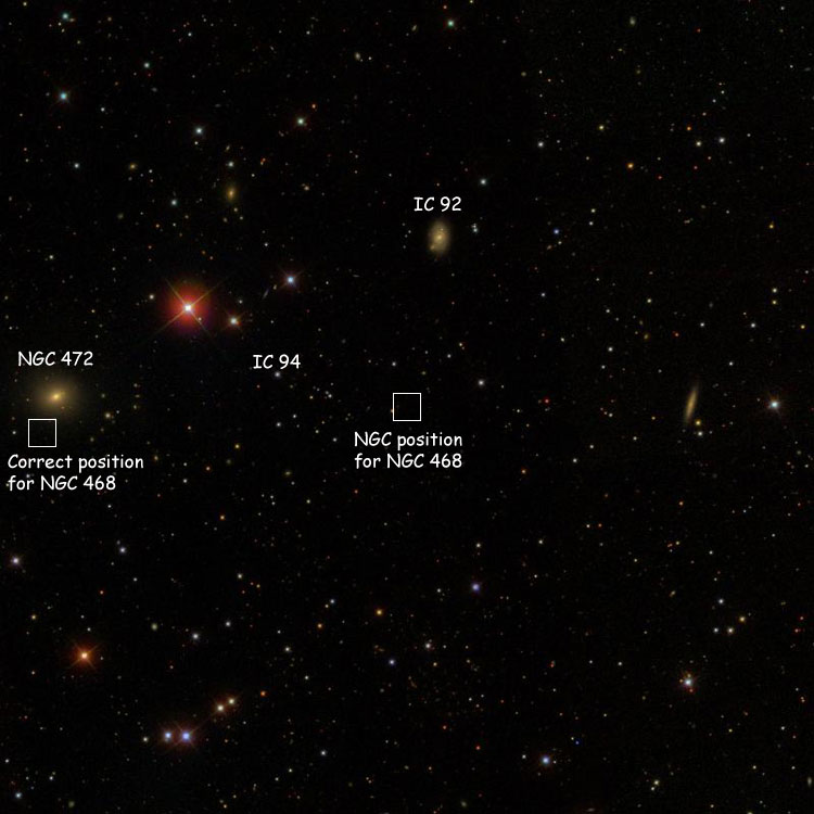 SDSS image of region near the NGC position for NGC 468, also showing IC 92 and NGC 472, the principal candidates for what Herschel observed, and the corrected position for NGC 468; also shown is IC 94, but it is not relevant to the discussion in this entry