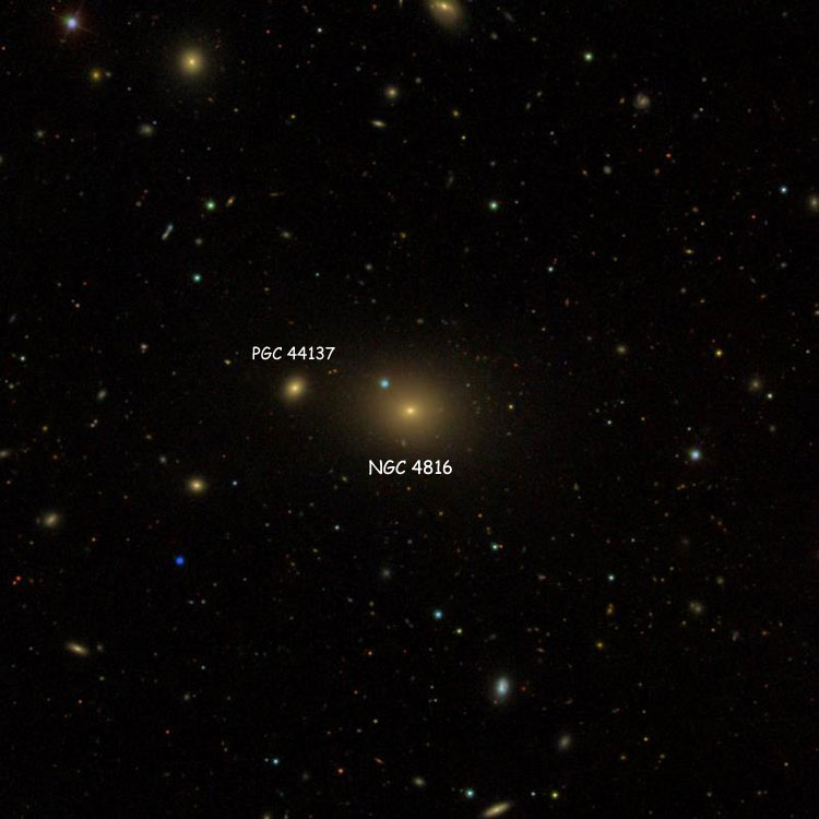 SDSS image of region near lenticular galaxy NGC 4816, also showing its probable companion, PGC 44137